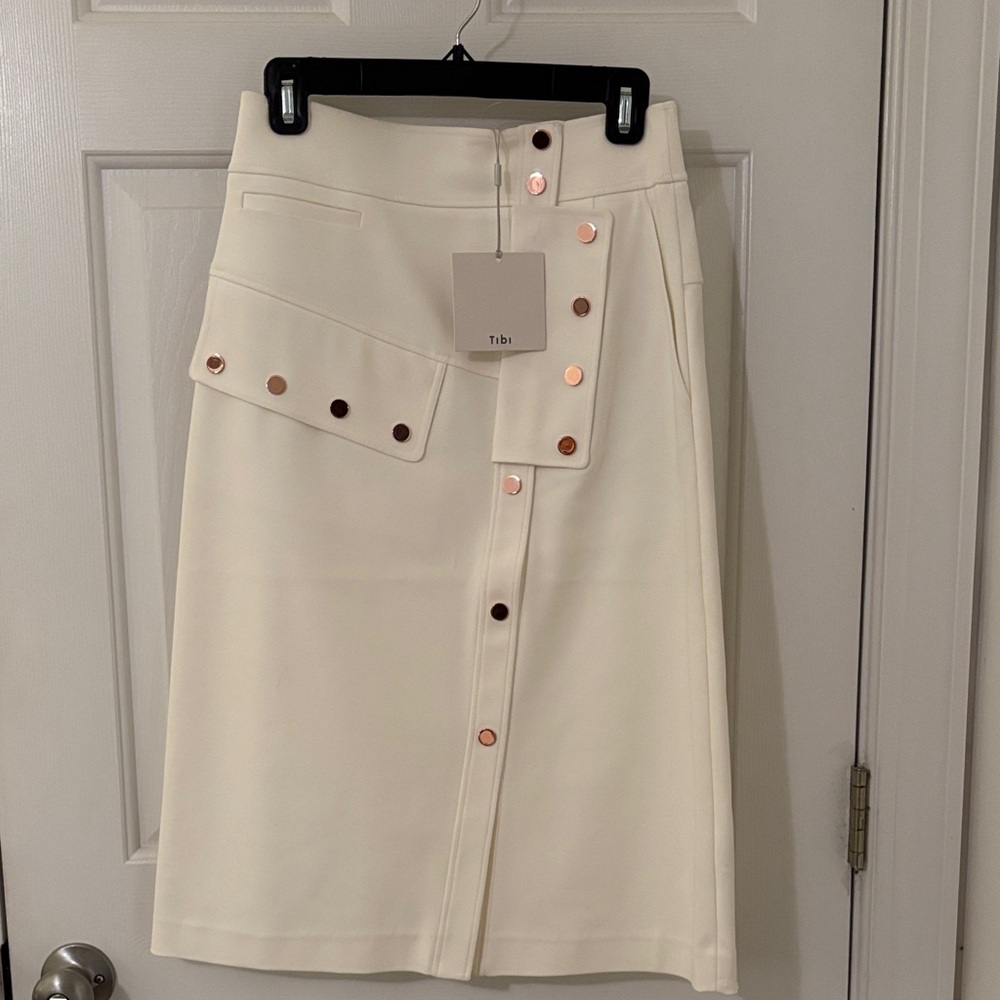Tibi Ivory Asymmetrical Skirt with Copper Buttons lined pockets